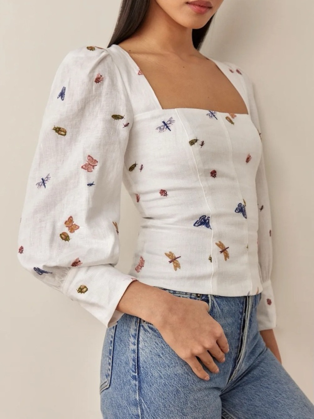 Reformation Stilton Ladybug Bug Butterfly Linen Top Smocked Embroidered White 0